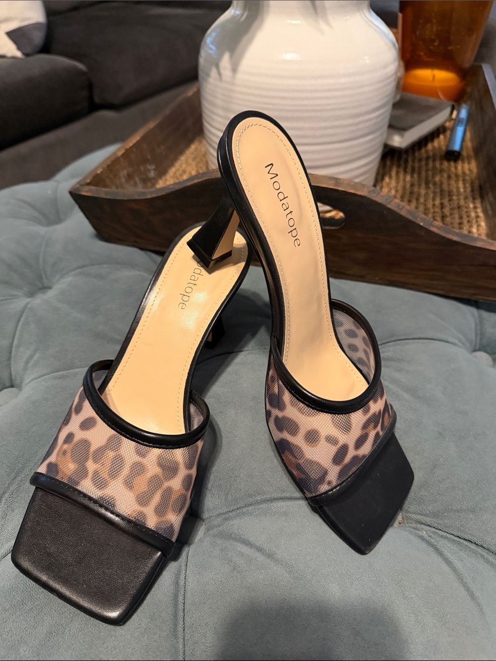 Leopard Mesh Mule Heels in Black and Brown